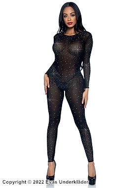 Freizügiger Bodystocking, Strasssteine, offener Rücken, lange Ärmel